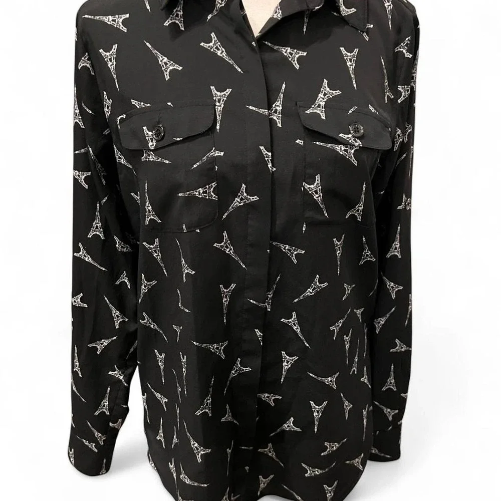 Karl Lagerfeld Eiffel Tower Black and White Button Down Shirt Women's XS - Picture 2 of 8